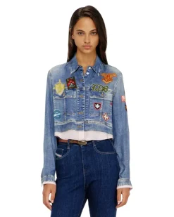 Cropped-Satinhemd mit trompe-l'oeil-Denim-Print - Hemden - Damen - Blau