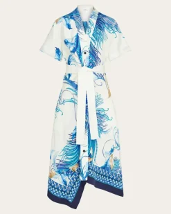 Damen Asymmetrisches Midikleid mit Federschau-Print Blau
