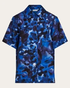 Damen Kurzarmbluse mit Nelke-Print Blau