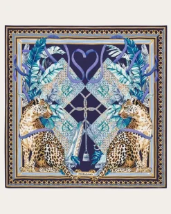 Damen Seidenhalstuch mit Raubkatzen-Print Blau