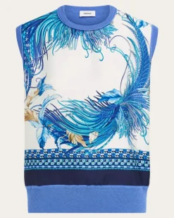 Damen Stricktop mit Federschau-Print Blau