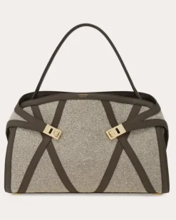 Damen Zweifarbige Schultertasche Hug Soft mit Lederbesätzen (L) Beige