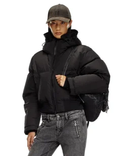 Daunenjacke mit Kapuze aus Nylon in Knitter-Optik - Winterjacken - Damen - Schwarz