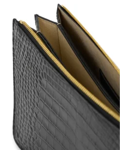 Dreiteilige Clutch aus Leder mit Krokoprägung Black