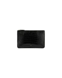 Dreiteilige Clutch aus Leder mit Krokoprägung Black