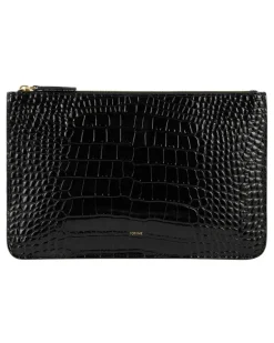 Dreiteilige Clutch aus Leder mit Krokoprägung Black