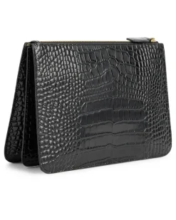 Dreiteilige Clutch aus Leder mit Krokoprägung Black