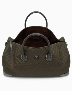 Dufflebag mit geometrischem Muster und Lederbesatz GrüN