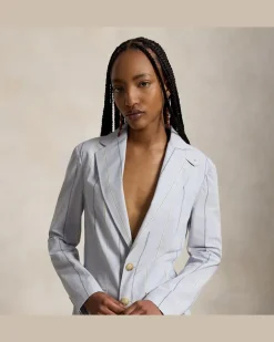 Einreihiger Baumwollblazer mit Streifen Blue