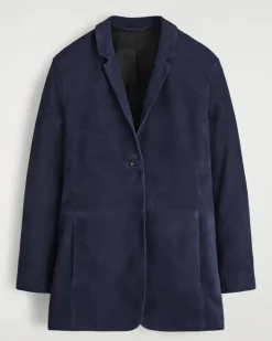 Einreihiger Blazer Aus Veloursleder Blau