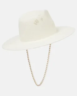Fedora-Hut aus Stroh mit Zierperlen Weiß