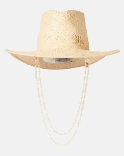 Fedora-Hut aus Stroh mit Zierperlen Beige