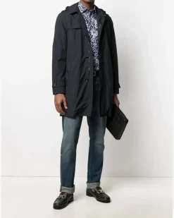 Geknöpfter Trenchcoat mit Kapuze - Blau