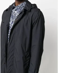 Geknöpfter Trenchcoat mit Kapuze - Blau
