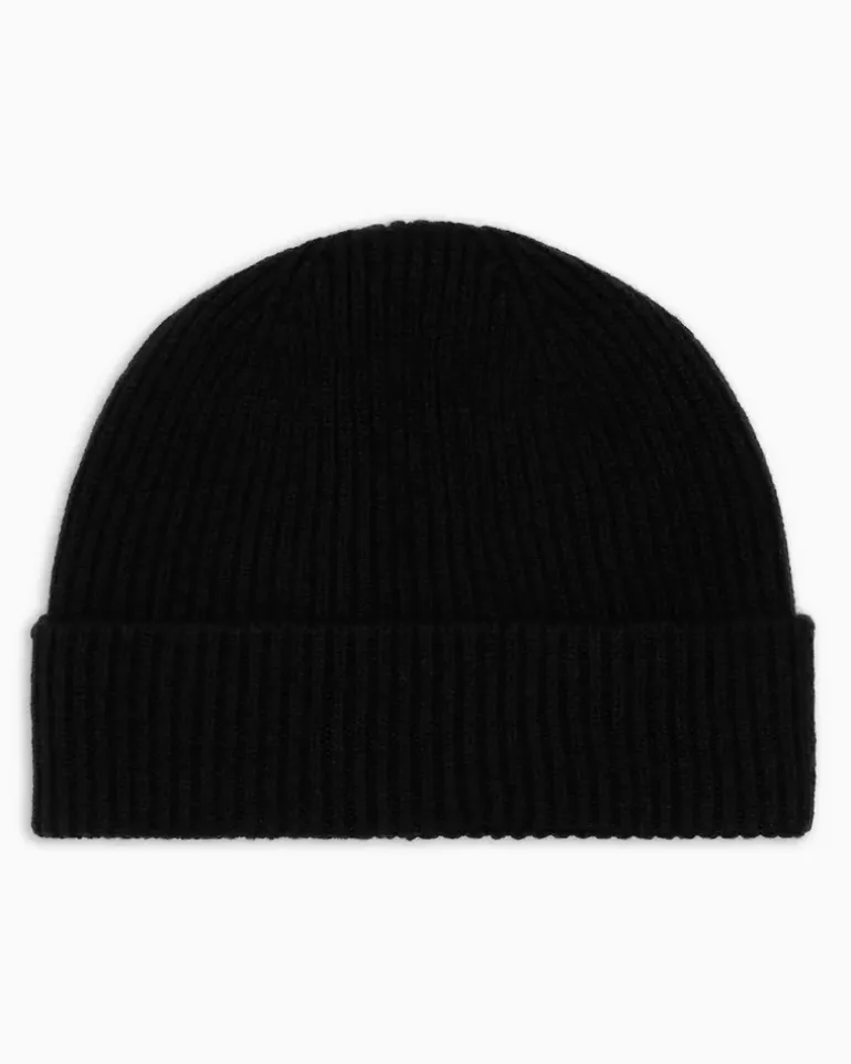Gerippte nahtlose Beanie aus Kaschmir mit Umschlag Schwarz