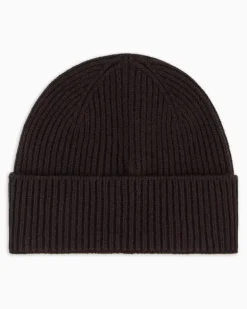 Gerippte nahtlose Beanie aus Kaschmir mit Umschlag Braun