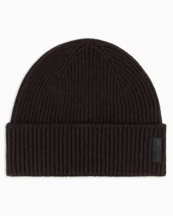 Gerippte nahtlose Beanie aus Kaschmir mit Umschlag Braun