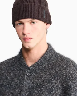 Gerippte nahtlose Beanie aus Kaschmir mit Umschlag Braun