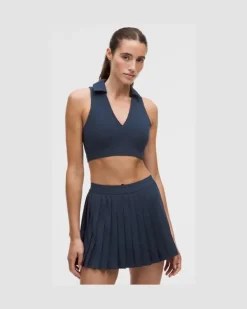 Gerippter Tennis-Longline-BH mit Kragen Mittlerer Halt für B/C-Cups für Frauen – Größe in Club Blue