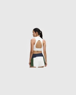 Gerippter Tennis-Longline-BH mit Kragen Mittlerer Halt für B/C-Cups für Frauen – Größe in Weiß