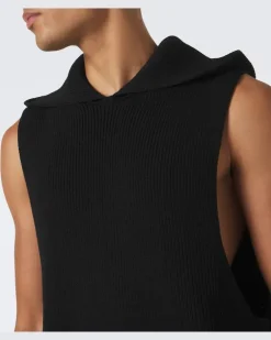 Geripptes Tanktop aus Schurwolle mit Kapuze Schwarz