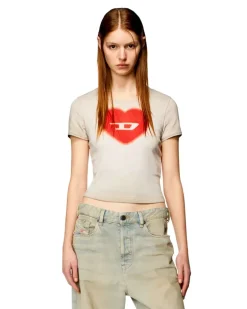 Geripptes T-Shirt mit Herz D-Wasserfarbe-Effekt - T-Shirts - Damen - Beige
