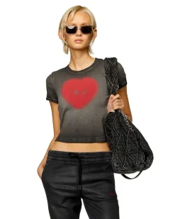 Geripptes T-Shirt mit Herz D-Wasserfarbe-Effekt - T-Shirts - Damen - Schwarz