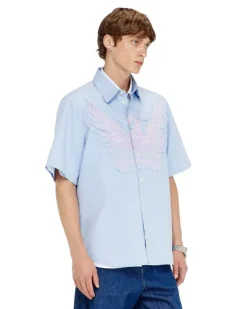 Gestreiftes Popeline-Hemd mit Stickpatch - Hemden - Herren - Blau