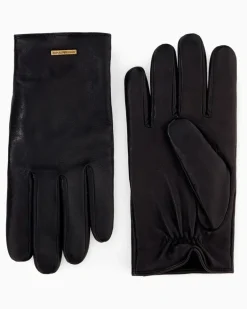 Handschuhe aus Glattleder mit Wollfutter und Logoplakette Schwarz