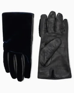 Handschuhe aus Leder und Samt mit Fischgrätmuster Schwarz