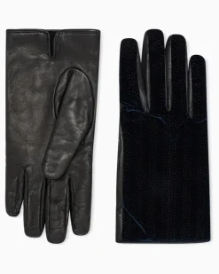 Handschuhe aus Leder und Samt mit Fischgrätmuster Marineblau