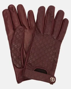 Handschuhe Double G GG aus Leder Burgunderrot