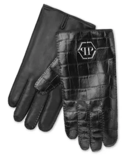 Handschuhe mit Kroko-Optik - Schwarz