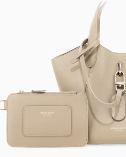Handtasche aus Leder mit geometrischem Boden und Pochette Beige