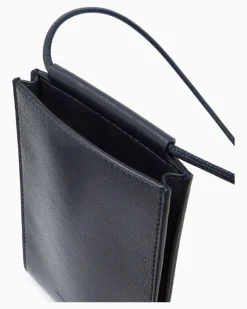 Handytasche aus glattem Leder mit Riemen und Kartenfächern Marineblau