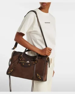 Henkeltasche Le City Medium aus Veloursleder und Leder Braun