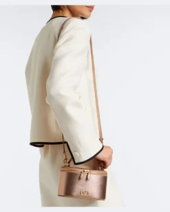 Henkeltasche VLogo Small aus Leder mit Kristallen Rosa