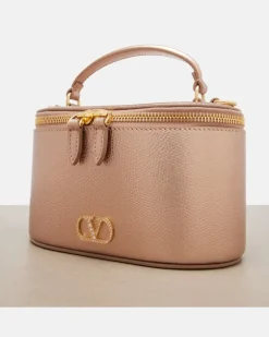 Henkeltasche VLogo Small aus Leder mit Kristallen Rosa
