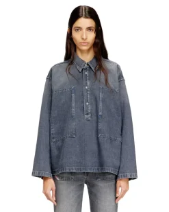 Henley-Top aus Denim mit Schmutzeffekt - Denimhemden - Damen - Blau