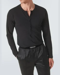 Henley-Top aus einem Baumwollgemisch Schwarz