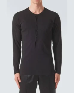 Henley-Top aus einem Baumwollgemisch Schwarz