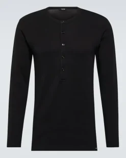 Henley-Top aus einem Baumwollgemisch Schwarz
