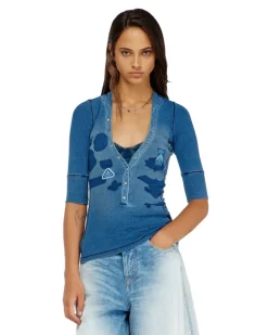 Henley-Top mit Shadow-Patch-Effekten - Oberteile - Damen - Blau