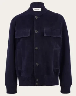 Herren Bomberjacke aus Veloursleder und Strickware Blau