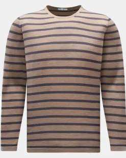 Herren - Feinstrick Rundhals-Pullover graubraun/anthrazit gestreift