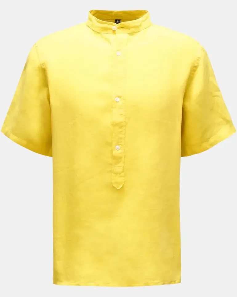 Herren - Popover-Kurzarmhemd 'Linen Guru' Grandad-Kragen gelb
