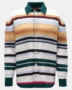 Herren - Strick-Overshirt beige/weiß/grün gestreift