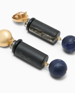 Hängeohrringe aus Messing mit marmorierter Kugel und Glas Blau
