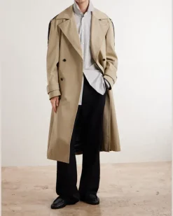 Intrecciato Leather-Trimmed Cotton-Gabardine Trench Coat Neutrals