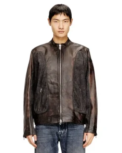 Jacke im Bikerstil mit Paspelierung aus Leder und Denim - Lederjacken - Herren - Braun